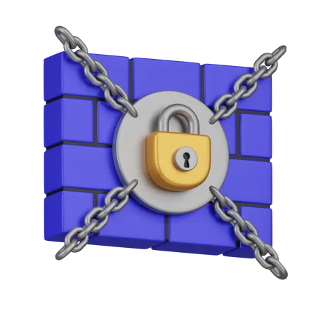 A 3 D Icon Showcasing A Robust Security Concept With A Golden Padlock Chained To A Blue Brick Wall Symbolizing Impenetrable Data Protection 3D Icon