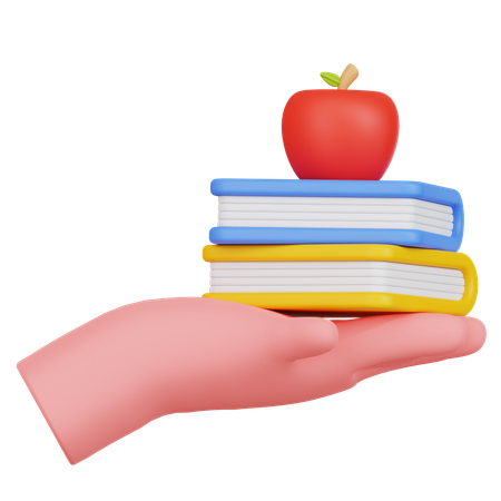 Mão segurando livros e maçã  3D Icon