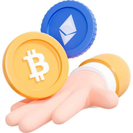 Mão segurando moedas Bitcoin e Ethereum  3D Icon