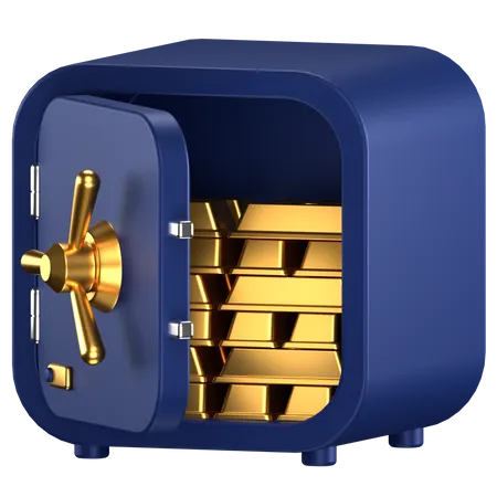 Icone 3 D De Um Cofre Azul Aberto Com Pilhas De Barras De Ouro Dentro 3D Icon