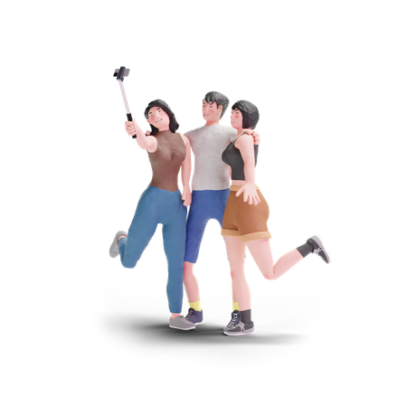 Selfie de trois personnes avec une perche à selfie  3D Illustration