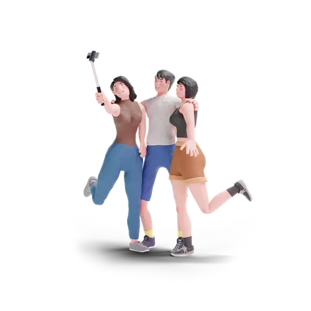 Selfie de trois personnes avec une perche à selfie  3D Illustration