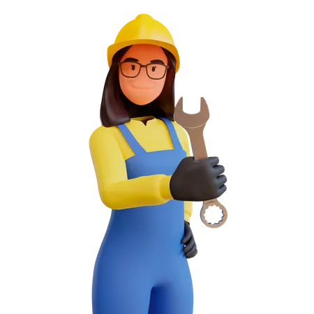 Senhora trabalhadora da construção civil segurando a chave inglesa  3D Illustration