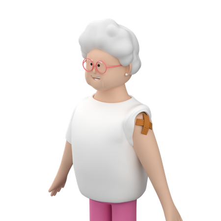 ワクチン接種後、白髪で肩に包帯を巻いた高齢女性  3D Illustration