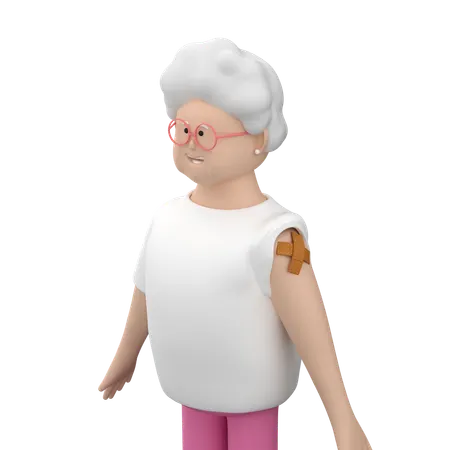 ワクチン接種後、白髪で肩に包帯を巻いた高齢女性  3D Illustration