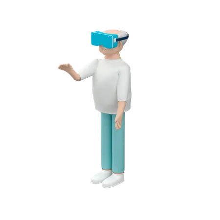 Senior Male Wearing Vr Goggles While Enjoying Virtual World  3D Illustration