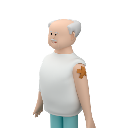 ワクチン接種後、白髪で肩に包帯を巻いた高齢男性  3D Illustration