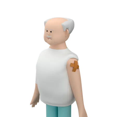 ワクチン接種後、白髪で肩に包帯を巻いた高齢男性  3D Illustration
