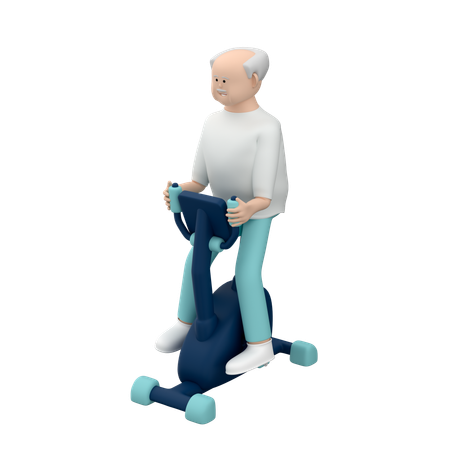 室内用自転車に座る白髪の年配の男性  3D Illustration