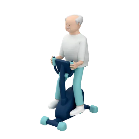 Senior Man With Grey Hair Sitting On Indoor Bicycle  3D Illustration