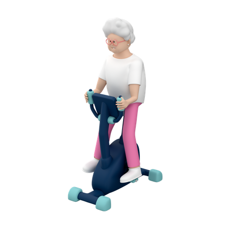 室内用自転車に座る白髪の年配の女性  3D Illustration