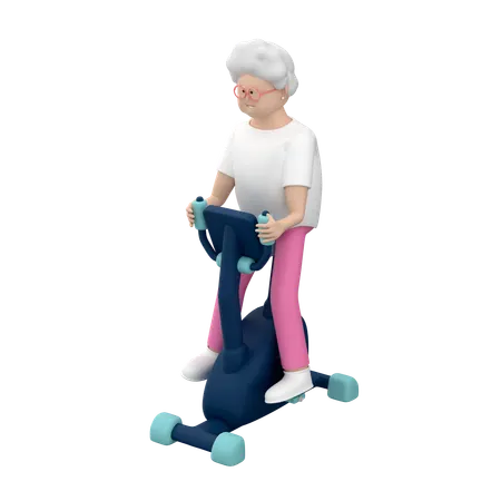 室内用自転車に座る白髪の年配の女性  3D Illustration