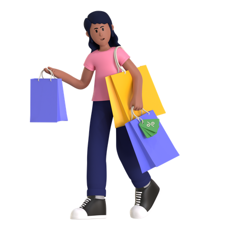 Señora adicta a las compras sosteniendo bolsas de compras  3D Illustration