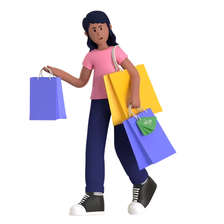 Señora adicta a las compras sosteniendo bolsas de compras  3D Illustration