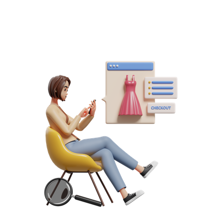 Señorita sentada en una silla y seleccionando productos para comprar  3D Illustration