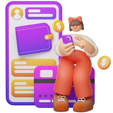 Sentado en la tarjeta con billetera digital  3D Illustration