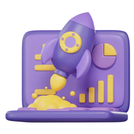 3 D SEO Optimization Icon With Rocket For Marketing Social Media Concept 3 D Interface For Web Data Analytics Strategy And Research Planing In Laptop 3D Icon