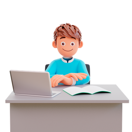 Serious young student boy reading a book for preparing the exam 3D Illustration