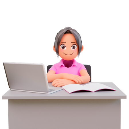 Serious young student girl studying in laptop 3D Illustration