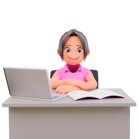 Serious young student girl studying in laptop 3D Illustration