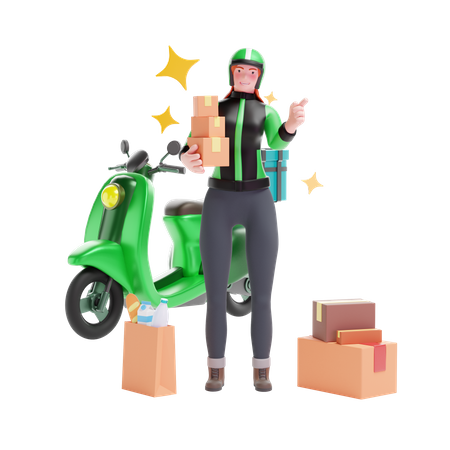 Fille de service de livraison avec boîtes d'emballage et scooter  3D Illustration