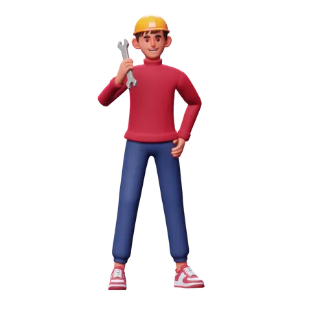 Service Man Holding Wrench  3D Illustration