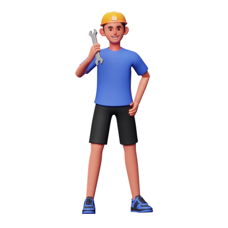 Service Man Holding Wrench 3D Illustration