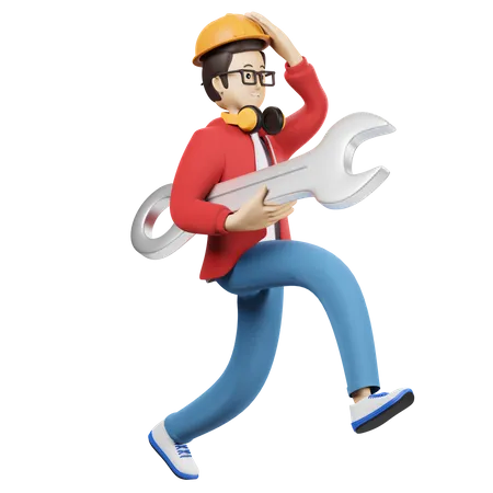 Service Man Holding Wrench  3D Illustration