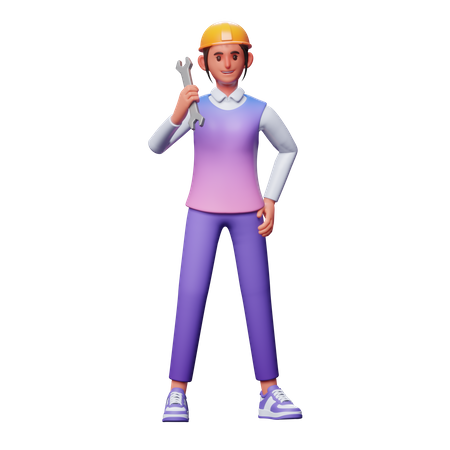 Service Woman Holding Wrench  3D Icon