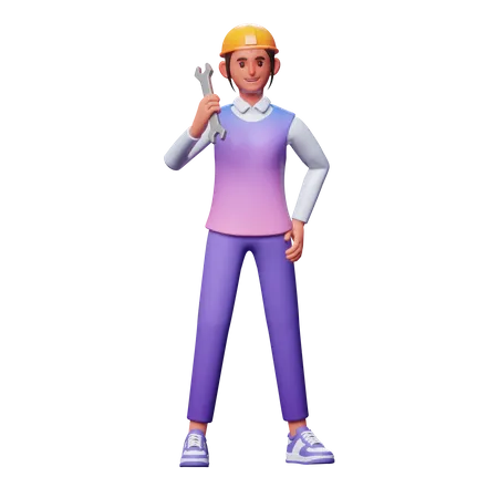 Service Woman Holding Wrench  3D Illustration
