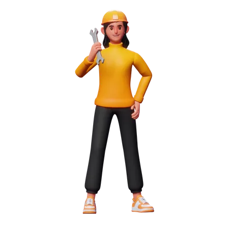 Service Woman Holding Wrench  3D Illustration