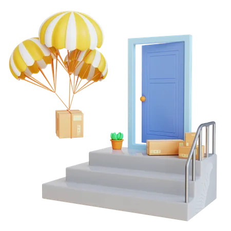 El Paquete Llega A La Puerta Entregado En Paracaidas 3D Illustration