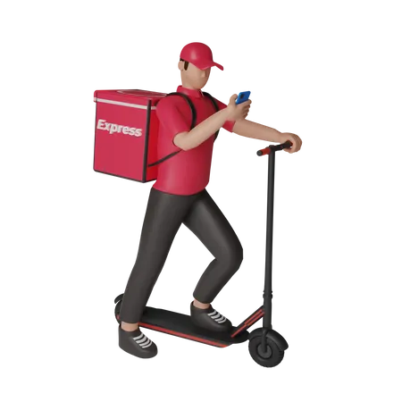 Servicio de entrega con patinete de remo.  3D Illustration