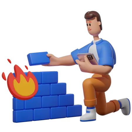 Sets Up Strong Firewall  3D Illustration