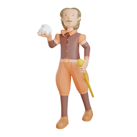 Shakespeare avec crâne et bâton  3D Illustration