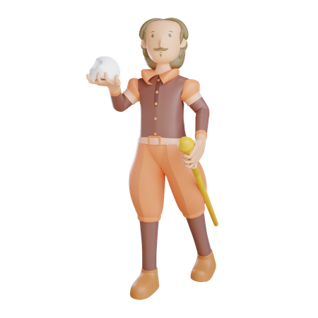 Shakespeare com caveira e bastão  3D Illustration