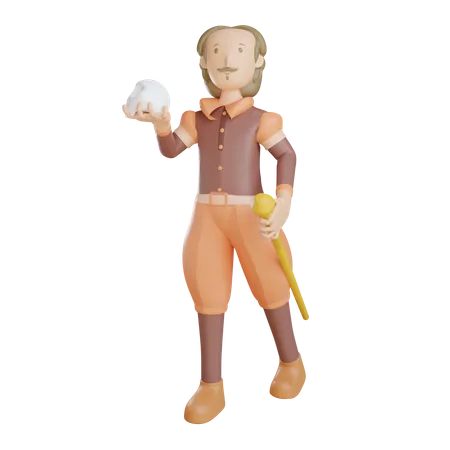 Shakespeare com caveira e bastão  3D Illustration