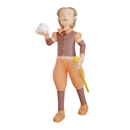 Shakespeare with skull and stick  3D Illustration