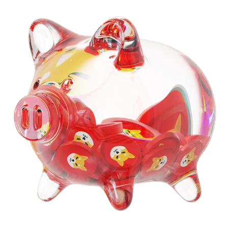 Shib-Sparschwein aus klarem Glas mit abnehmendem Stapel an Kryptomünzen  3D Icon