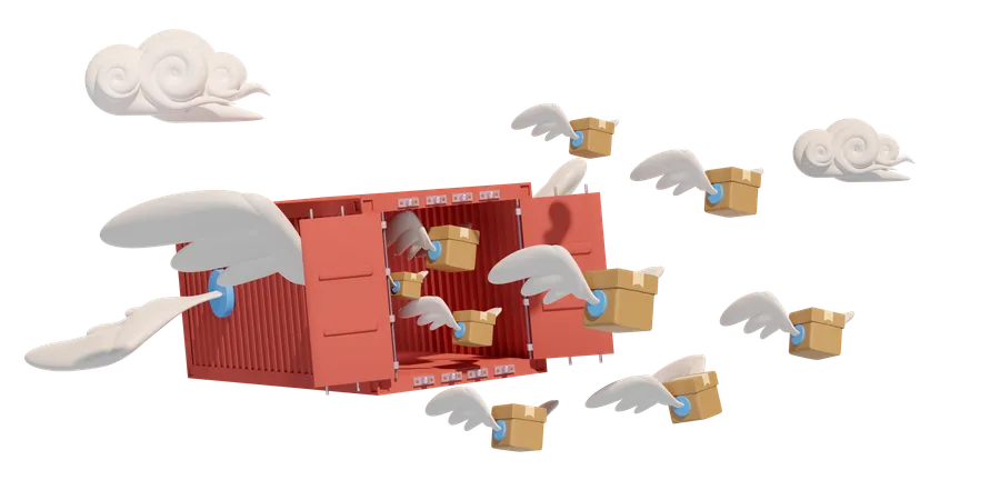 Shipping Container Fly With Goods Cardboard Box Wing Isolated Express Delivery Route Worldwide Shipping Concept 3 D Illustration Render 3D Icon