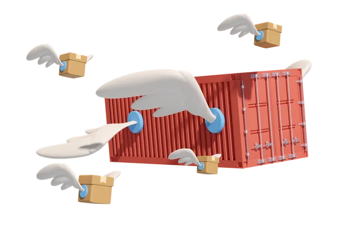Shipping Container Fly With Goods Cardboard Box Wing Isolated Express Delivery Route Worldwide Shipping Concept 3 D Illustration Render 3D Icon