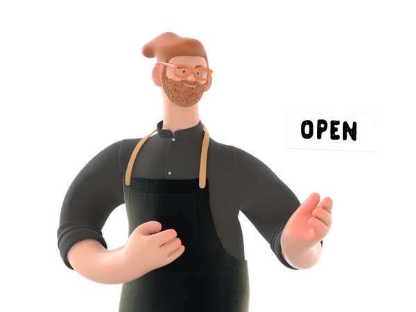 Shop owner showing open sign 3D Illustration