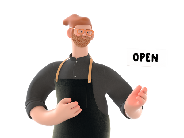 Shop owner showing open sign  3D Icon