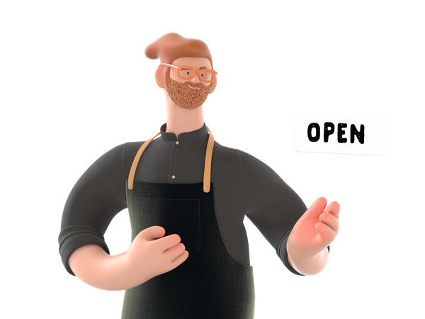 Shop owner showing open sign  3D Illustration