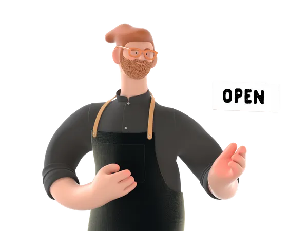 Shop owner showing open sign  3D Illustration