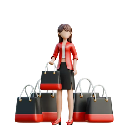 Shopaholic Girl Carrying Too Many Bags  3D Illustration