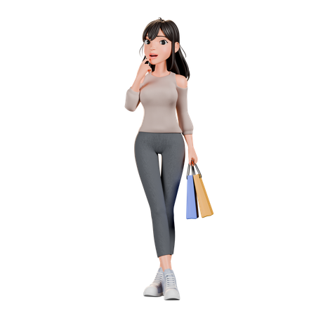 Shopaholic Girl Giving Thinking Pose  3D Illustration