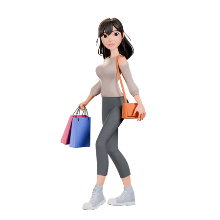 Shopaholic Girl Returning From Shopping With Bags  3D Illustration