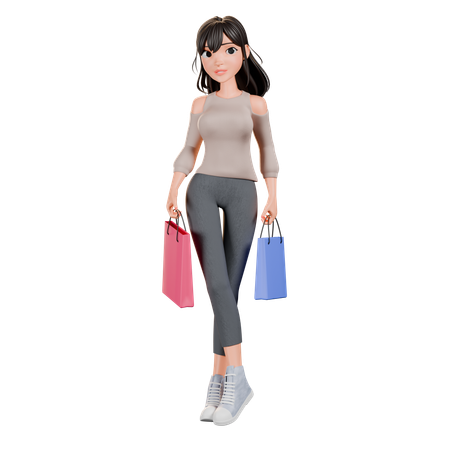 Shopaholic Girl Standing With Shopping Bag  3D Illustration