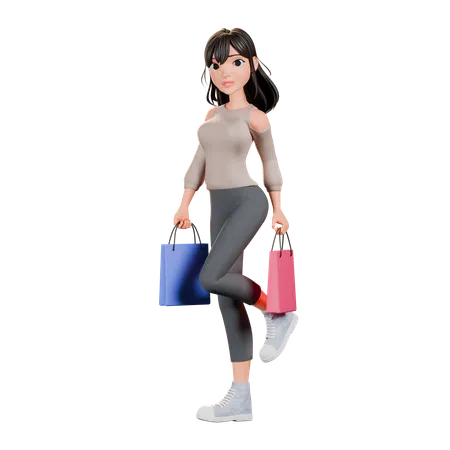 Shopaholic Girl Standing With Shopping Bag  3D Illustration